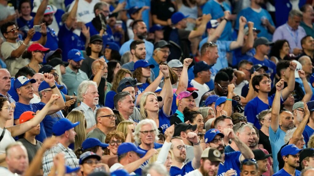 Jul 14, 2023; Toronto, Ontario, CAN; Toronto Blue Jays fans cheer during the seventh inning against the Arizona Diamondbacks at Rogers Centre.