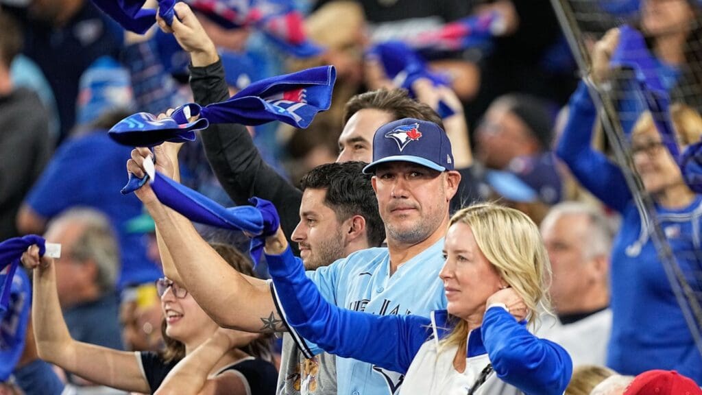 Oct 8, 2022; Toronto, Ontario, CAN; Toronto Blue Jays fans cheer before the game against the Seattle Mariners in game two of the Wild Card series for the 2022 MLB Playoffs at Rogers Centre.