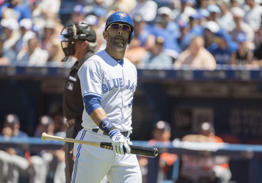 Jul 8, 2017; Toronto, Ontario, CAN; Toronto Blue Jays right fielder Jose Bautista (19) reacts after striking out in the first inning during a game against the Houston Astros at Rogers Centre.