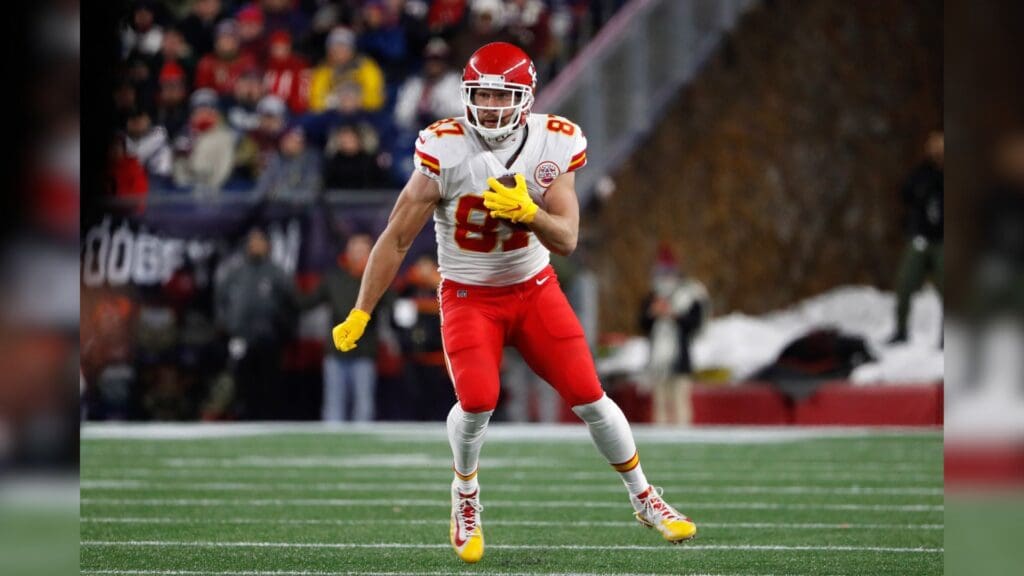 Dec 8, 2019; Foxborough, MA, USA; Kansas City Chiefs tight end Travis Kelce (87) runs against the New England Patriots during the first quarter at Gillette Stadium.