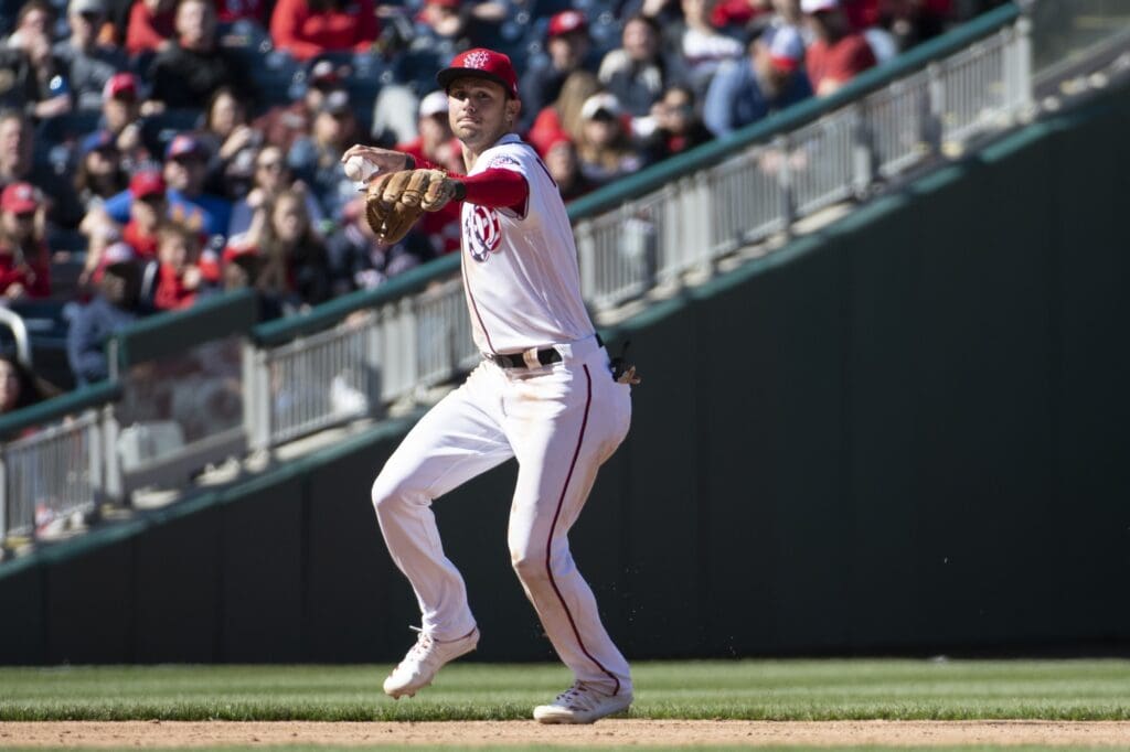 Mar 31, 2019; Washington, DC, USA; Washington Nationals shortstop Trea Turner (7) throws to first base during the fifth inning against the New York Mets at Nationals Park