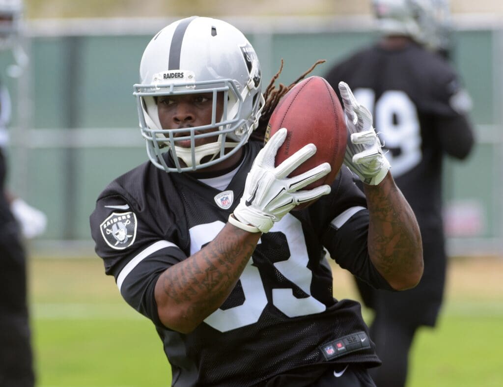 May 26, 2015; Alameda, CA, USA; Oakland Raiders running back Trent Richardson (33) catches a pass at organized team activities at the Raiders practice facility.