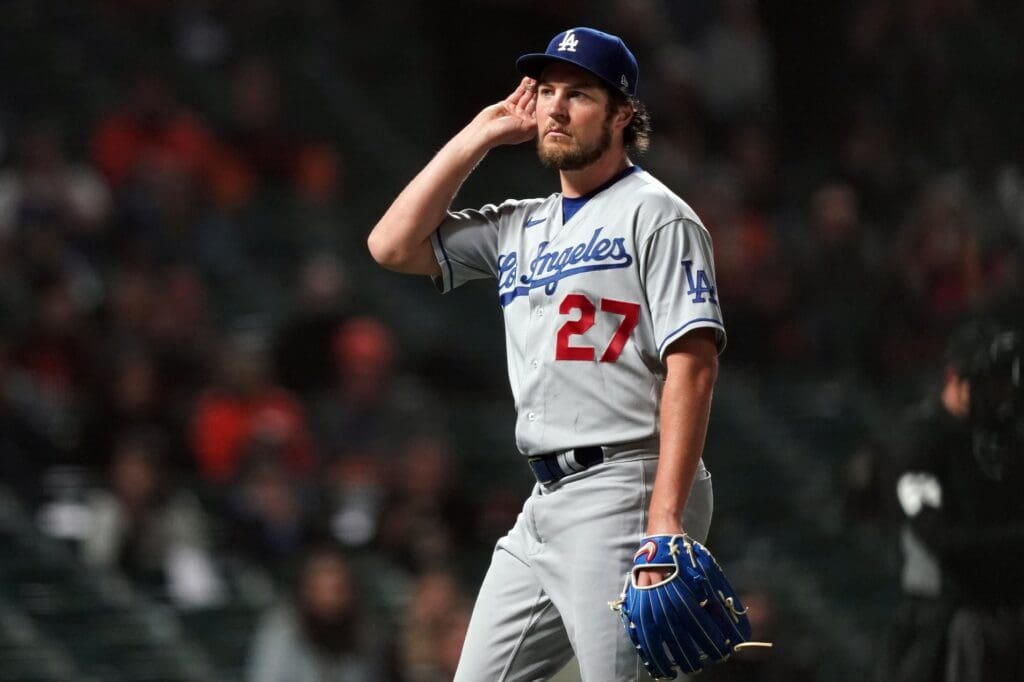 May 21, 2021; San Francisco, California, USA; Los Angeles Dodgers starting pitcher Trevor Bauer (27) gestures after being removed from the game during the seventh inning against the San Francisco Giants at Oracle Park.