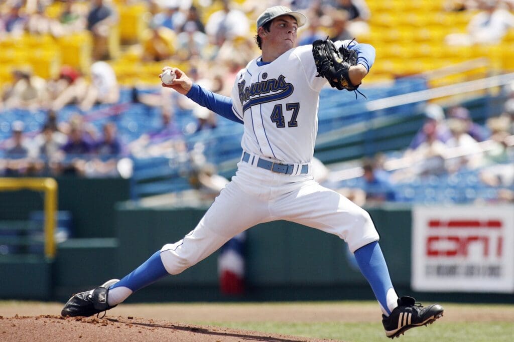 June 26, 2010; Omaha, NE, USA; UCLA Bruins pitcher Trevor Bauer (47) pitches against the TCU Horned Frogs in the first inning during game 13 of the 2010 College World Series at Rosenblatt Stadium.