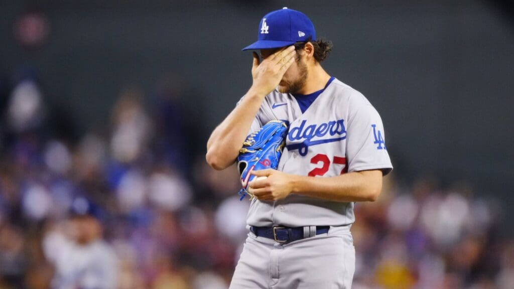 Jun 18, 2021; Phoenix, Arizona, USA; Los Angeles Dodgers pitcher Trevor Bauer reacts against the Arizona Diamondbacks at Chase Field.