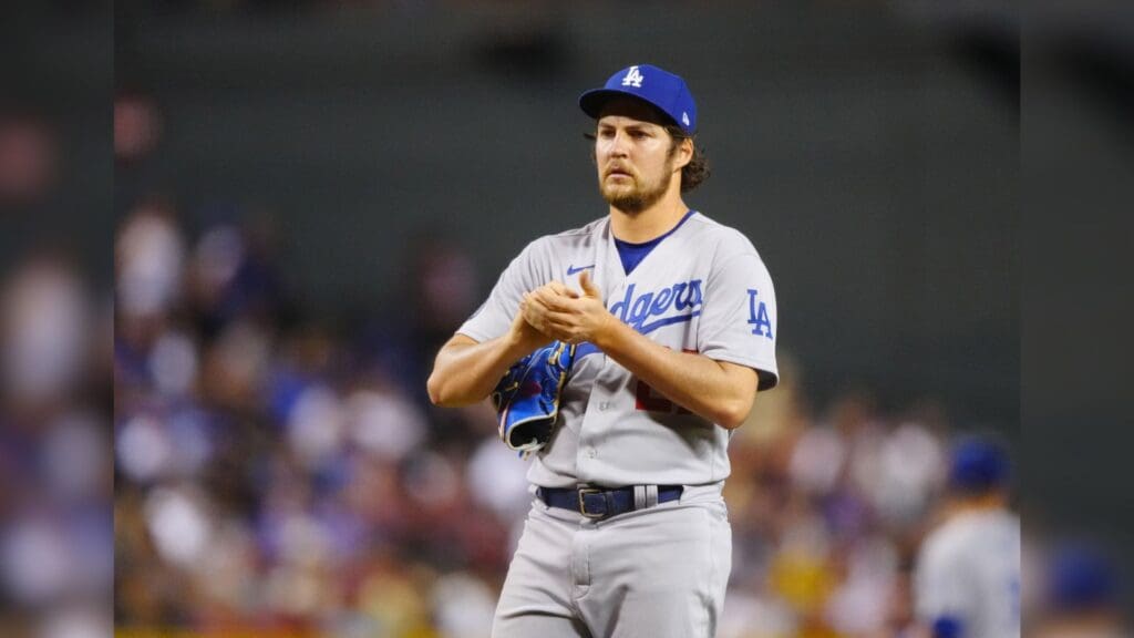Jun 18, 2021; Phoenix, Arizona, USA; Los Angeles Dodgers pitcher Trevor Bauer reacts against the Arizona Diamondbacks at Chase Field.