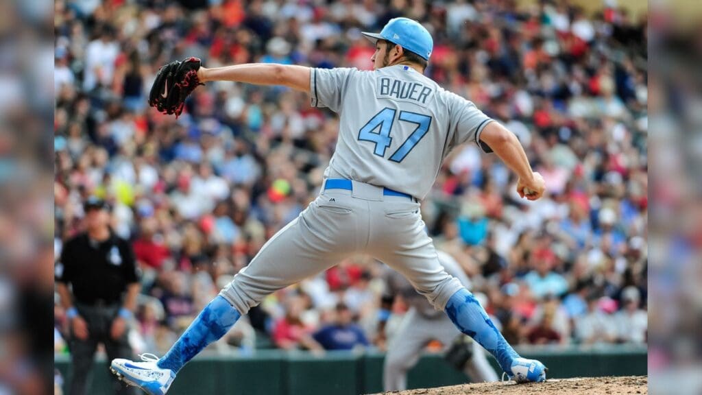 Jun 18, 2017; Minneapolis, MN, USA; Cleveland Indians starting pitcher Trevor Bauer (47) throws a pitch during the sixth inning against the Minnesota Twins at Target Field.