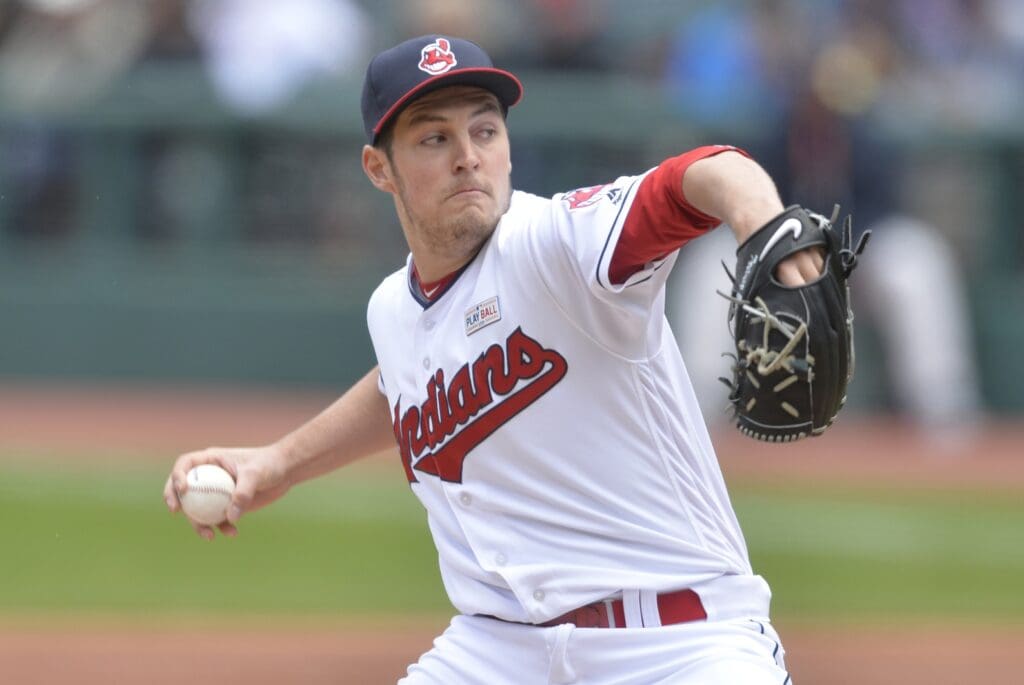 May 15, 2016; Cleveland, OH, USA; Cleveland Indians starting pitcher Trevor Bauer (47) pitches in the second inning against the Minnesota Twins at Progressive Field.