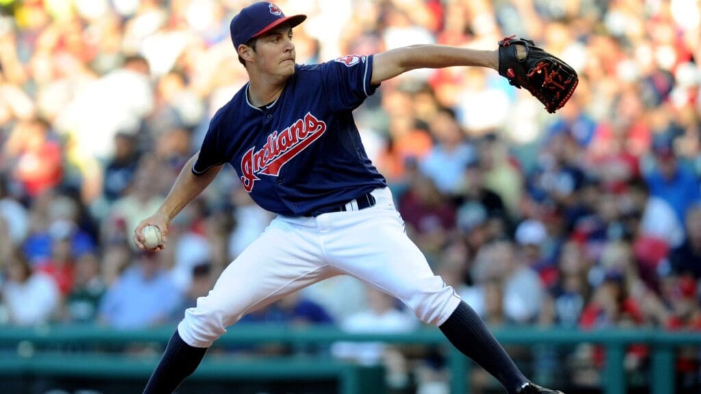 Jul 8, 2014; Cleveland, OH, USA; Cleveland Indians starting pitcher Trevor Bauer (47) pitches during the second inning against the New York Yankees at Progressive Field.
