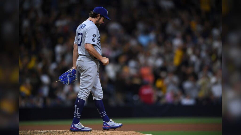 Jun 23, 2021; San Diego, California, USA; Los Angeles Dodgers starting pitcher Trevor Bauer (27) looks on after giving up a home run to San Diego Padres catcher Victor Caratini (not pictured) during the seventh inning at Petco Park.
