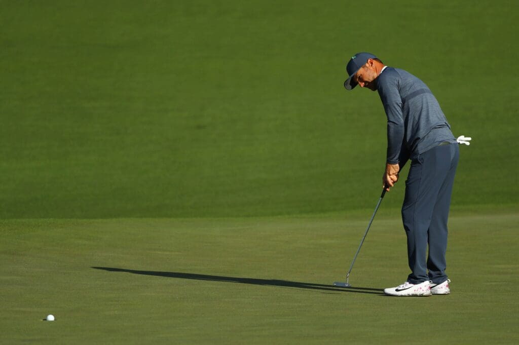 Apr 6, 2018; Augusta, GA, USA; Trevor Immelman putts on the 2nd green during the second round of the Masters golf tournament at Augusta National Golf Club