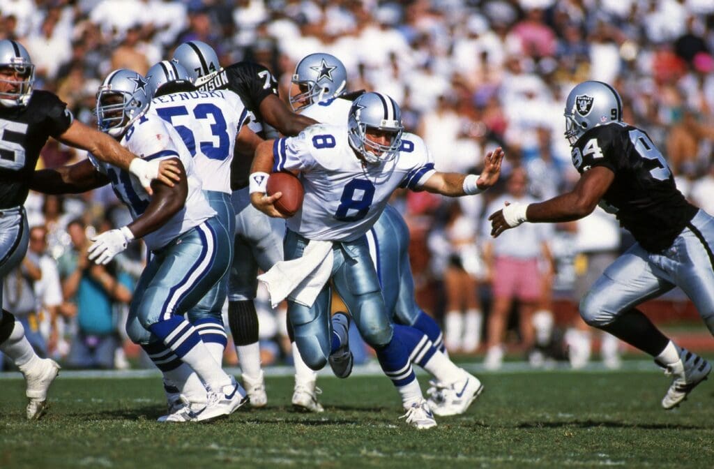 Unknown date; Los Angeles, CA, USA; FILE PHOTO; Dallas Cowboys quarterback Troy Aikman (8) in action against the Los Angeles Raiders at Los Angeles Memorial Coliseum.