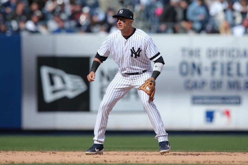 Mar 28, 2019; Bronx, NY, USA; New York Yankees shortstop Troy Tulowitzki (12) in action against the Baltimore Orioles at Yankee Stadium.