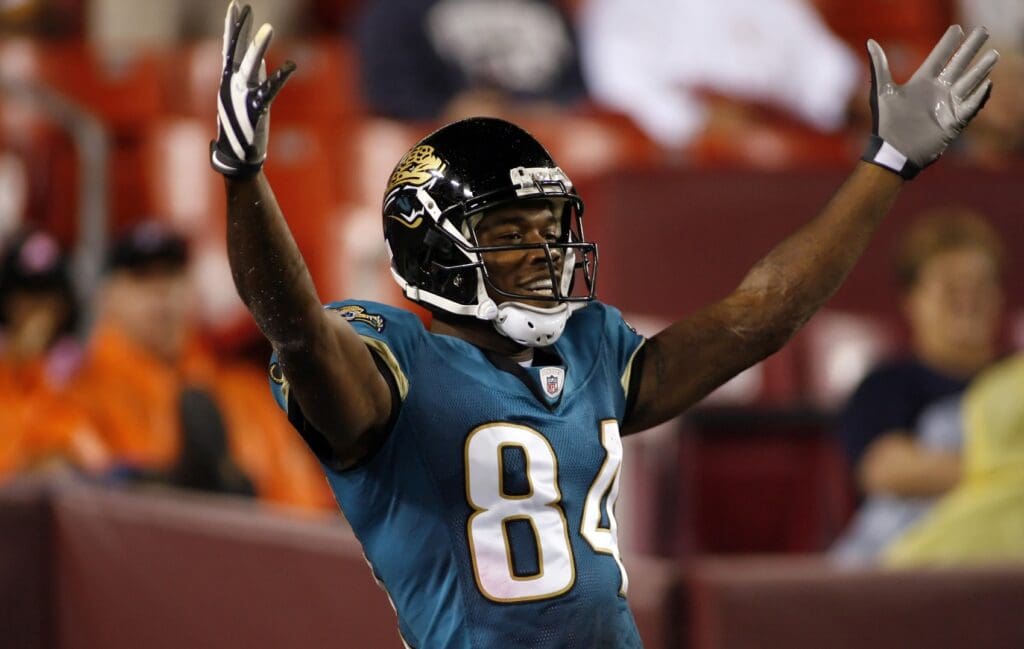 August 28, 2008; Landover, MD, USA; Jacksonville Jaguars wide receiver Troy Williamson (84) celebrates a fourth quarter touchdown during the Jaguars 24-3 win over the Washington Redskins at FedEx Field.