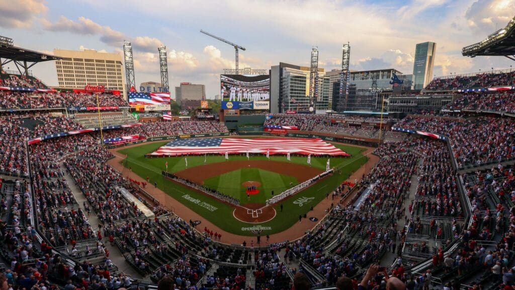 Apr 4, 2025; Atlanta, Georgia, USA; A general view of Truist Park during the national anthem before a game between the Atlanta Braves and Miami Marlins at Truist Park