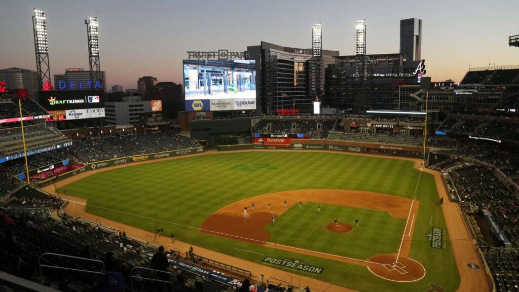 Oct 16, 2021; Cumberland, Georgia, USA; General view of the stadium before game one of the 2021 NLCS with the Los Angeles Dodgers taking on the Atlanta Braves at Truist Park.