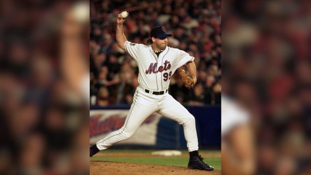Oct 24, 2000; New York, NY, USA; Mets pitcher Turk Wendell throws in relief in the seventh inning of the third game of the World Series at Shea Stadium in New York.