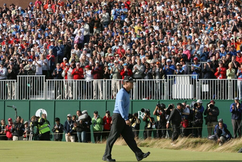 July 18, 2009; Turnberry, SCOTLAND; Fans cheer for Tom Watson (USA) as he makes his way onto the 18th hole during the final round of the 2009 British Open at Turnberry Country Club.