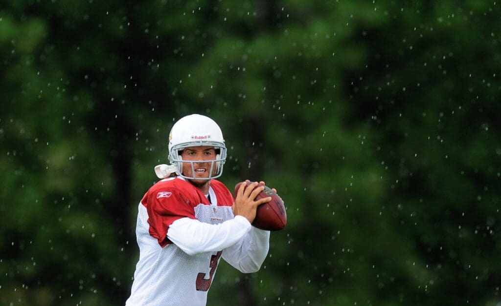 Jul 31, 2009; Flagstaff, AZ, USA; Arizona Cardinals quarterback Tyler Palko drops back to pass in the rain during training camp on the campus of Northern Arizona University.