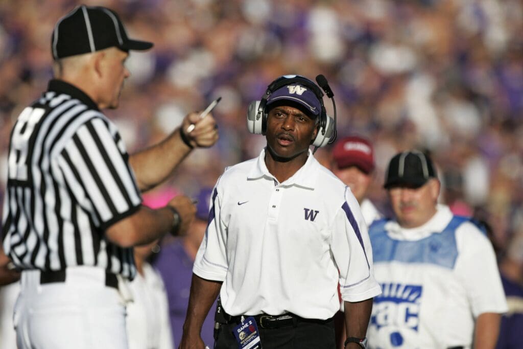 Sept 13, 2008; Seattle, WA, USA; Washington head coach Tyrone Willingham disputes a call by an official during the first half of the Huskies game against the Oklahoma Sooners at Husky Stadium.