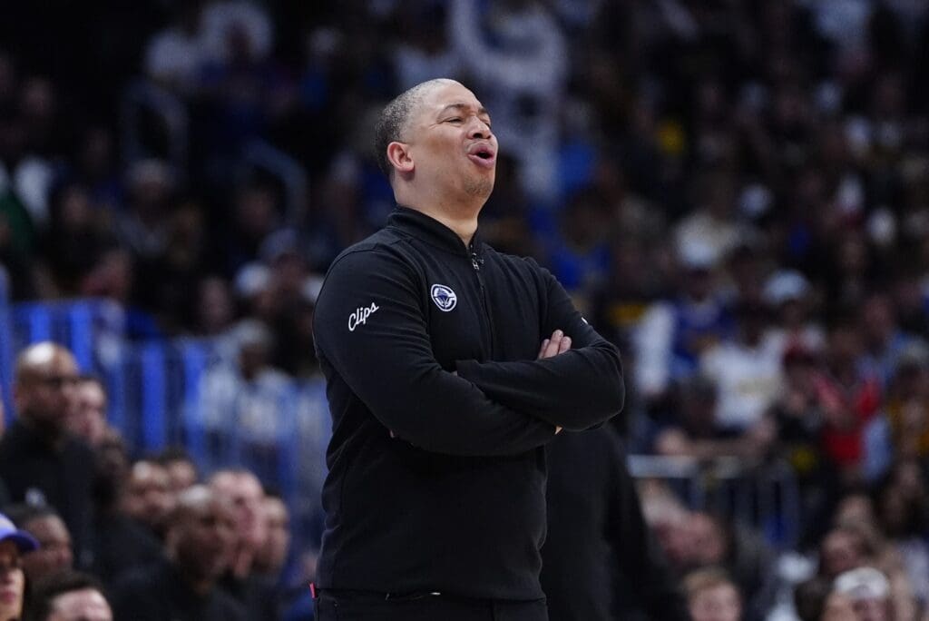 Apr 29, 2025; Denver, Colorado, USA; LA Clippers head coach Tyronn Lue calls out in the second half against the Denver Nuggets during game five of the first round for the 2025 NBA Playoffs at Ball Arena.