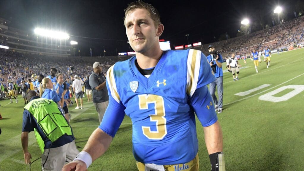 Sep 3, 2017; Pasadena, CA, USA; UCLA Bruins quarterback Josh Rosen (3) celebrates after the game against the Texas A&M Aggies during a NCAA football game at Rose Bowl. UCLA defeated Texas A&M 45-44.