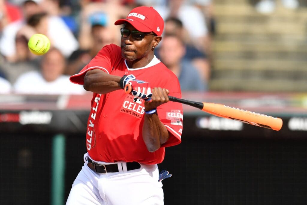 Jul 7, 2019; Cleveland, OH, USA; Team Cleveland's Kenny Lofton swings at a pitch in the 2019 legends and celebrity softball game at Progressive Field. Mandatory Credit: Ken Blaze-USA TODAY Sports
