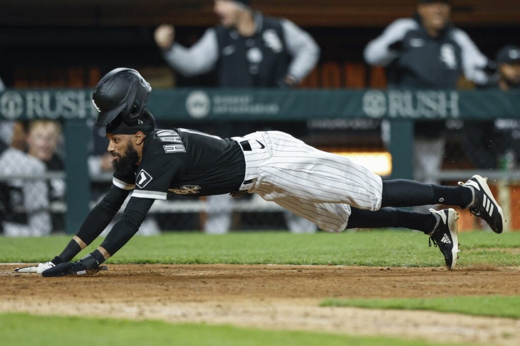 May 3, 2023; Chicago, Illinois, USA; Chicago White Sox outfielder Billy Hamilton slides to score against the Minnesota Twins during the eight inning at Guaranteed Rate Field. Mandatory Credit: Kamil Krzaczynski-USA TODAY Sports
