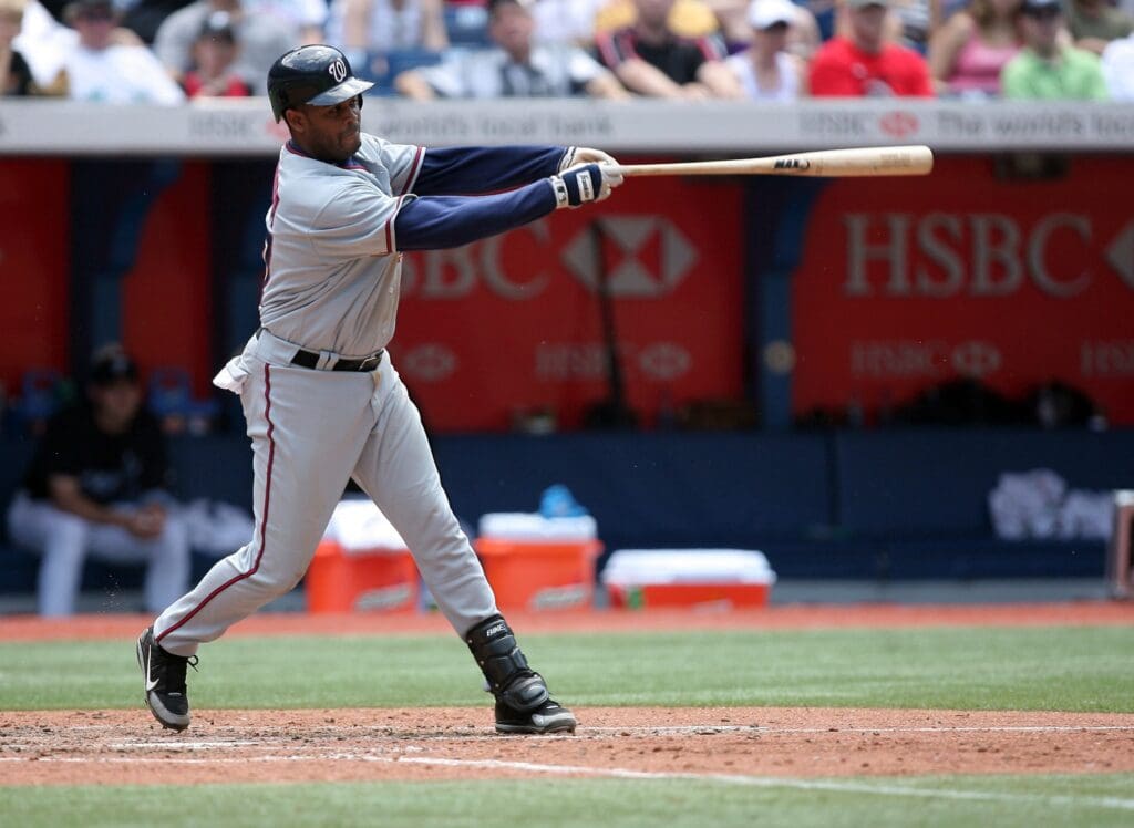 Jun 17, 2007; Toronto, ON, Canada; Washington Nationals first baseman (77) Tony Batista bats against the Toronto Blue Jays at the Rogers Centre in Toronto, ON. Washington won 4-2. Mandatory Credit: Tom Szczerbowski-USA TODAY Sports