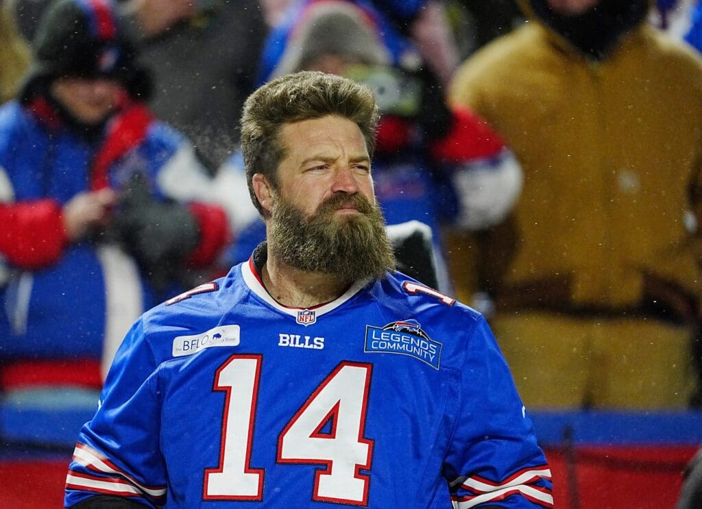 Former Buffalo Bills quarterback Ryan Fitzpatrick was the evening’s legend of the game and lead the crowd with a cheer before the Buffalo Bills divisional game against the Baltimore Ravens at Highmark Stadium in Orchard Park on Jan. 19, 2025.