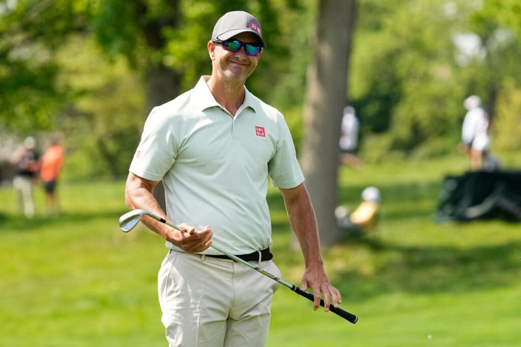 Adam Scott reacts to his shot on 14 during the first round of the Memorial Tournament at Muirfield Village Golf Club in Dublin on May 29, 2025.