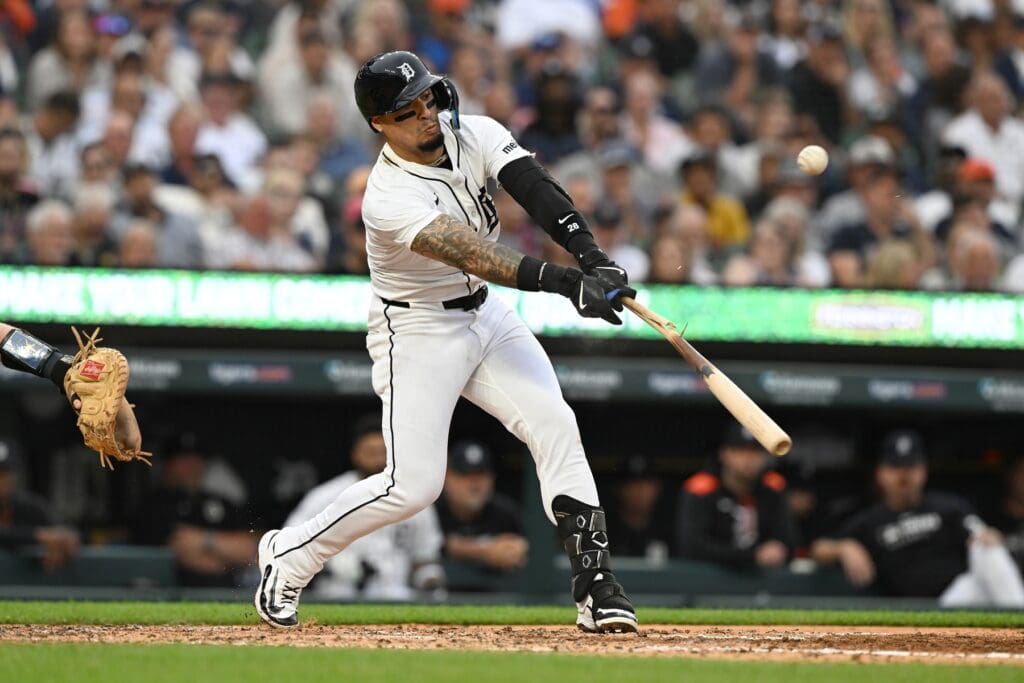 Jul 7, 2025; Detroit, Michigan, USA; Detroit Tigers third baseman Javier Báez (28) shatters his bat while hitting into a double play against the Tampa Bay Rays in the fourth inning at Comerica Park. Mandatory Credit: Lon Horwedel-Imagn Images
