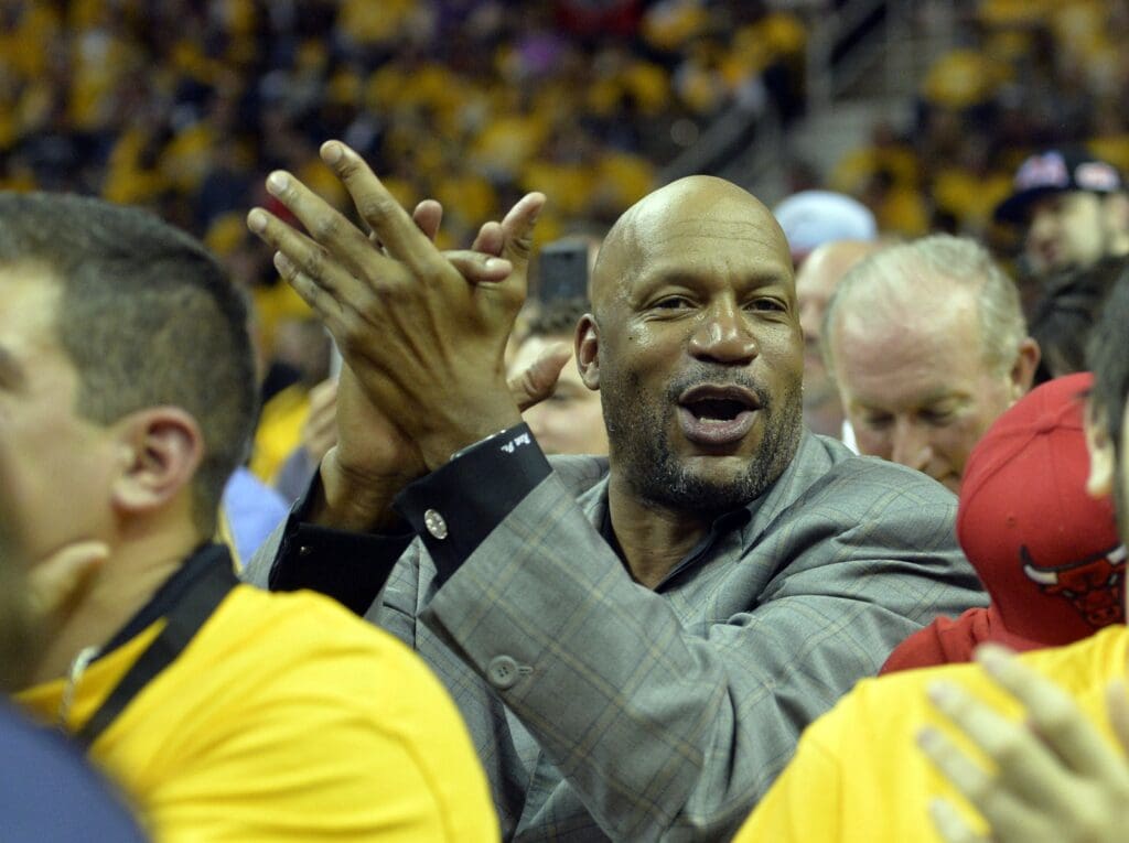 May 4, 2015; Cleveland, OH, USA; Former NBA player Ron Harper cheers in the fourth quarter in game one of the second round of the NBA Playoffs at Quicken Loans Arena. Mandatory Credit: David Richard-USA TODAY Sports