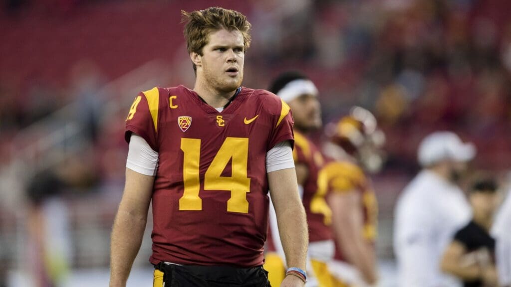 Dec 1, 2017; Santa Clara, CA, USA; USC Trojans quarterback Sam Darnold (14) watches warmups before the game against the Stanford Cardinal in the Pac-12 Conference championship game at Levi's Stadium.