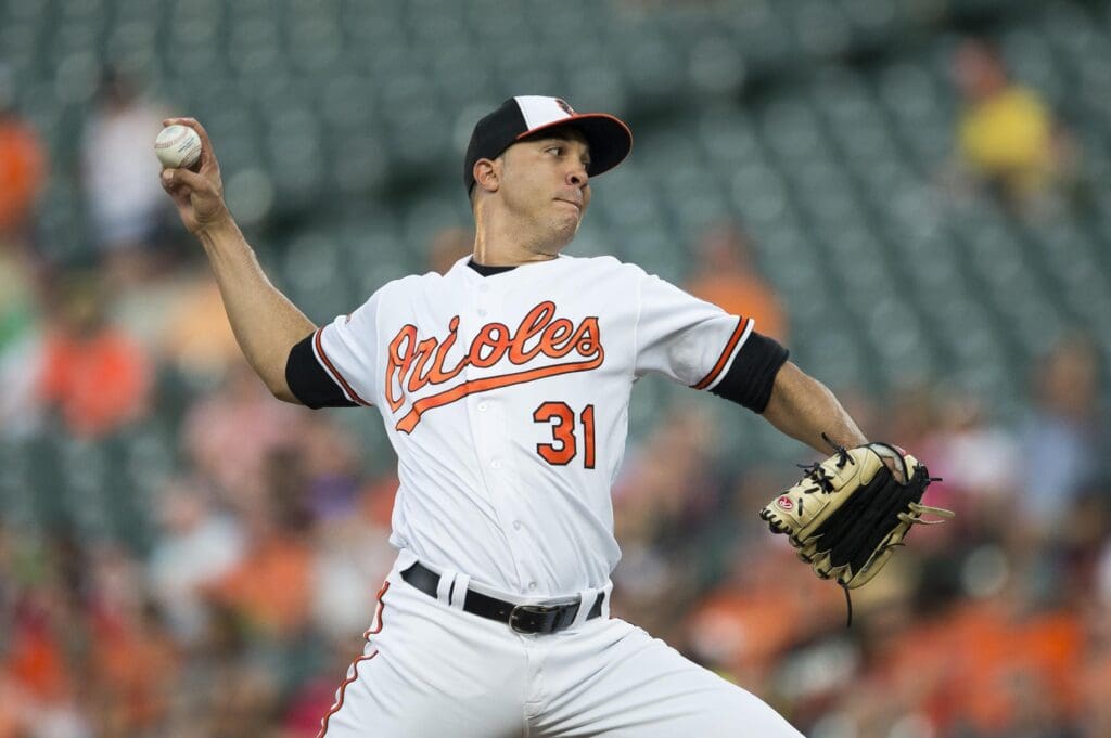 Aug 22, 2017; Baltimore, MD, USA; Baltimore Orioles starting pitcher Ubaldo Jimenez (31) pitches in the top of the first inning against the Oakland Athletics at Oriole Park at Camden Yards.