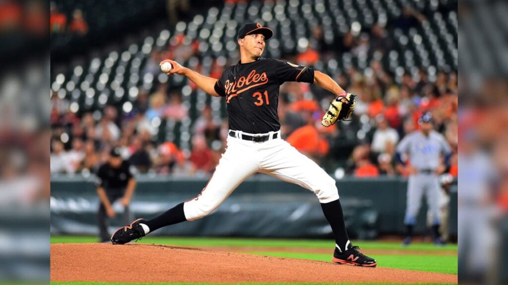 Sep 22, 2017; Baltimore, MD, USA; Baltimore Orioles pitcher Ubaldo Jimenez (31) throws a pitch in the first inning against the Tampa Bay Rays at Oriole Park at Camden Yards.