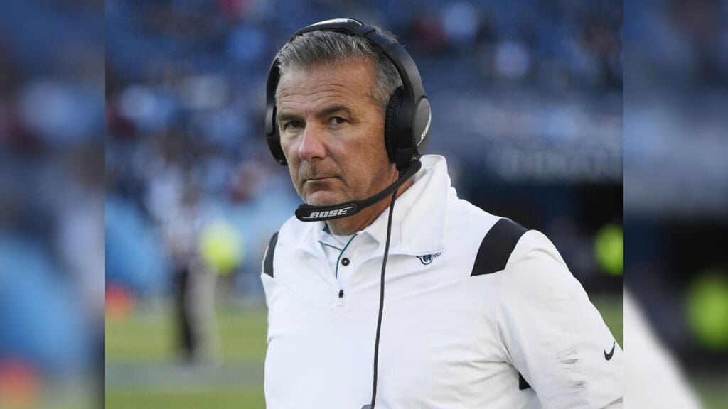 Dec 12, 2021; Nashville, Tennessee, USA; Jacksonville Jaguars head coach Urban Meyer on the sidelines against the Tennessee Titans during the second half at Nissan Stadium.