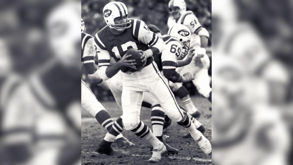 Unknown date 1967; Flushing, NY, USA; FILE PHOTO; New York Jets quarterback Joe Namath (12) in action against the New England Patriots.