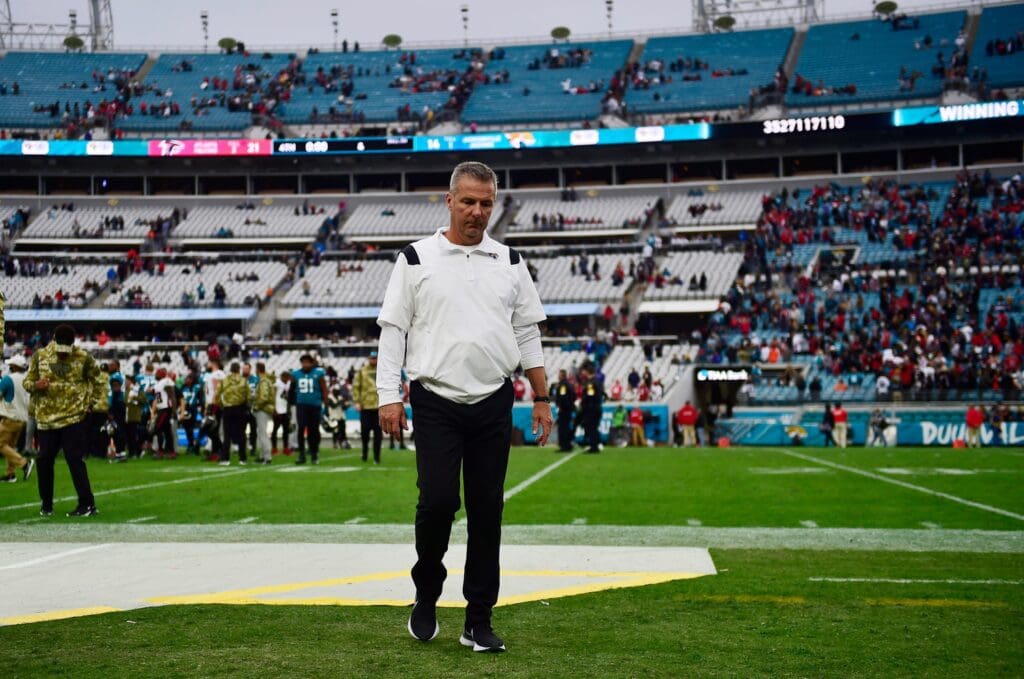 Jacksonville Jaguars head coach Urban Meyer walks off the field after the game Sunday, Nov. 28, 2021 at TIAA Bank Field in Jacksonville. The Jaguars hosted the Falcons during a regular season NFL matchup. Atlanta defeated Jacksonville 21-14.