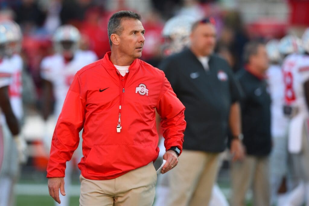 Nov 12, 2016; College Park, MD, USA; Ohio State Buckeyes head coach Urban Meyer walks across the field prior to the game against the Maryland Terrapins at Capital One Field at Maryland Stadium.