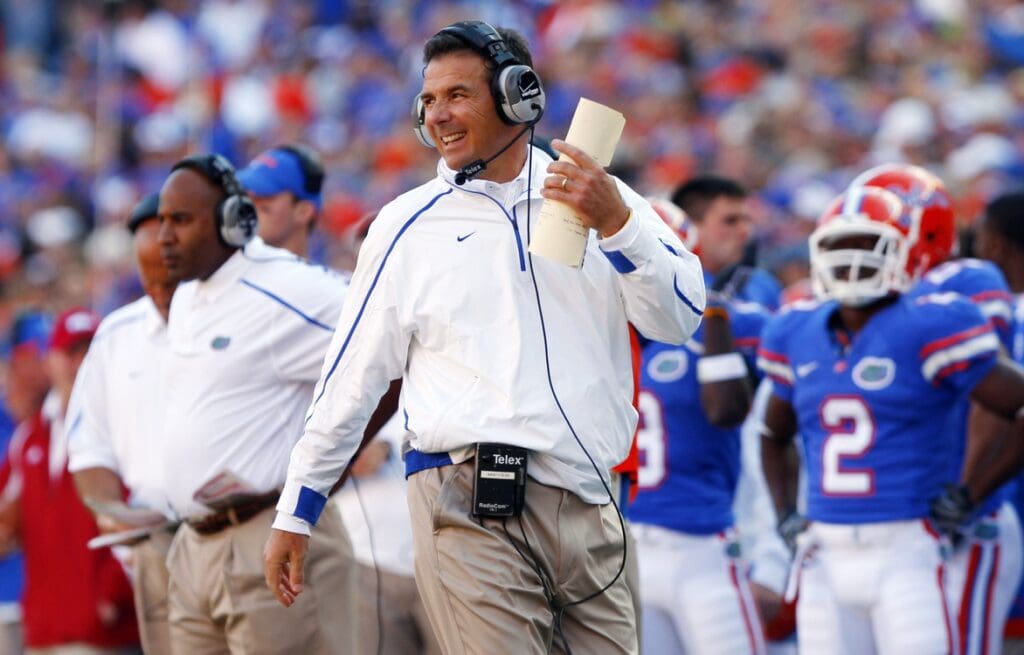 October 17, 2009; Gainesville FL, USA; Florida Gators head coach Urban Meyer reacts after a play during the first half against the Arkansas Razorbacks at Ben Hill Griffin Stadium.