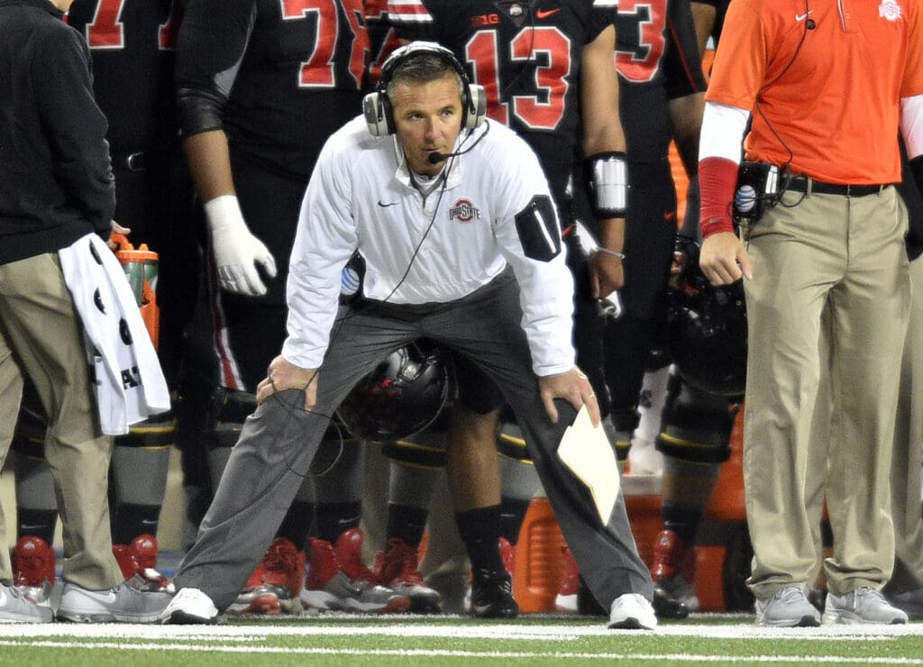 Oct 17, 2015; Columbus, OH, USA; Ohio State Buckeyes head coach Urban Meyer looks on during the first half against the Penn State Nittany Lions at Ohio Stadium.