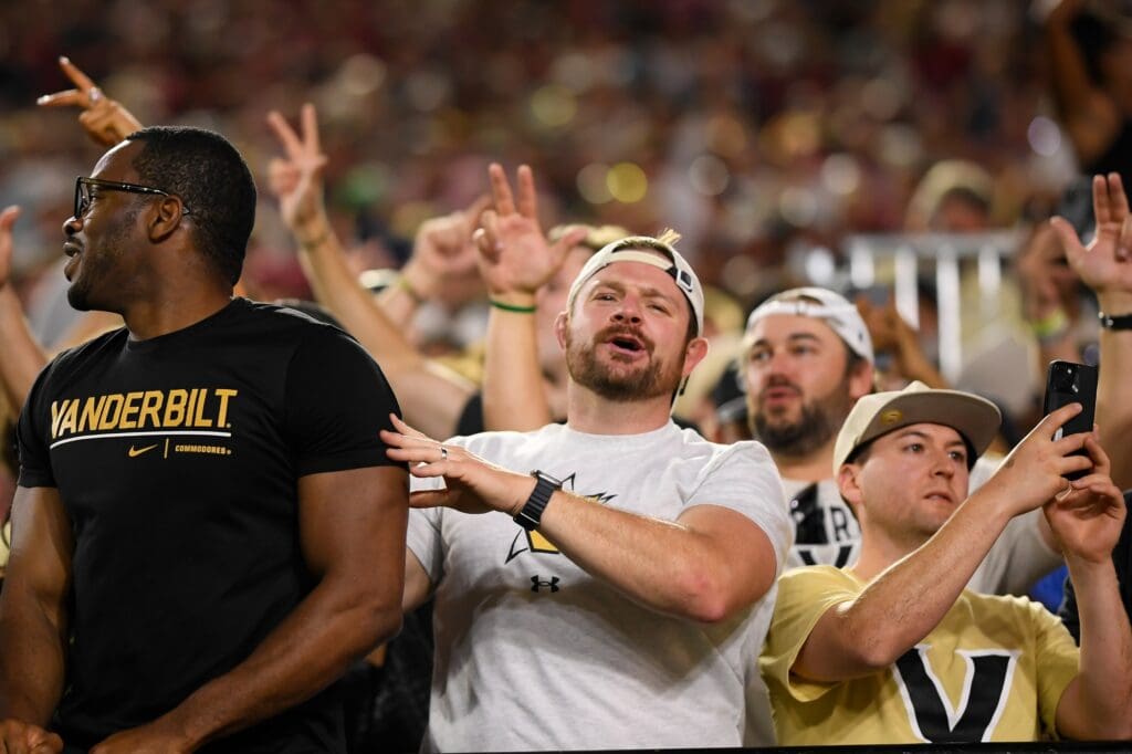 Vanderbilt Commodores fans celebrate the upset win over Alabama Crimson Tide at FirstBank Stadium.