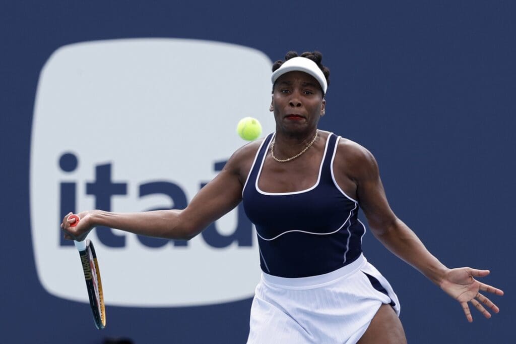 Mar 19, 2024; Miami Gardens, FL, USA; Venus Williams (USA) hits a forehand against Diana Shnaider (not pictured) on day two of the Miami Open at Hard Rock Stadium.