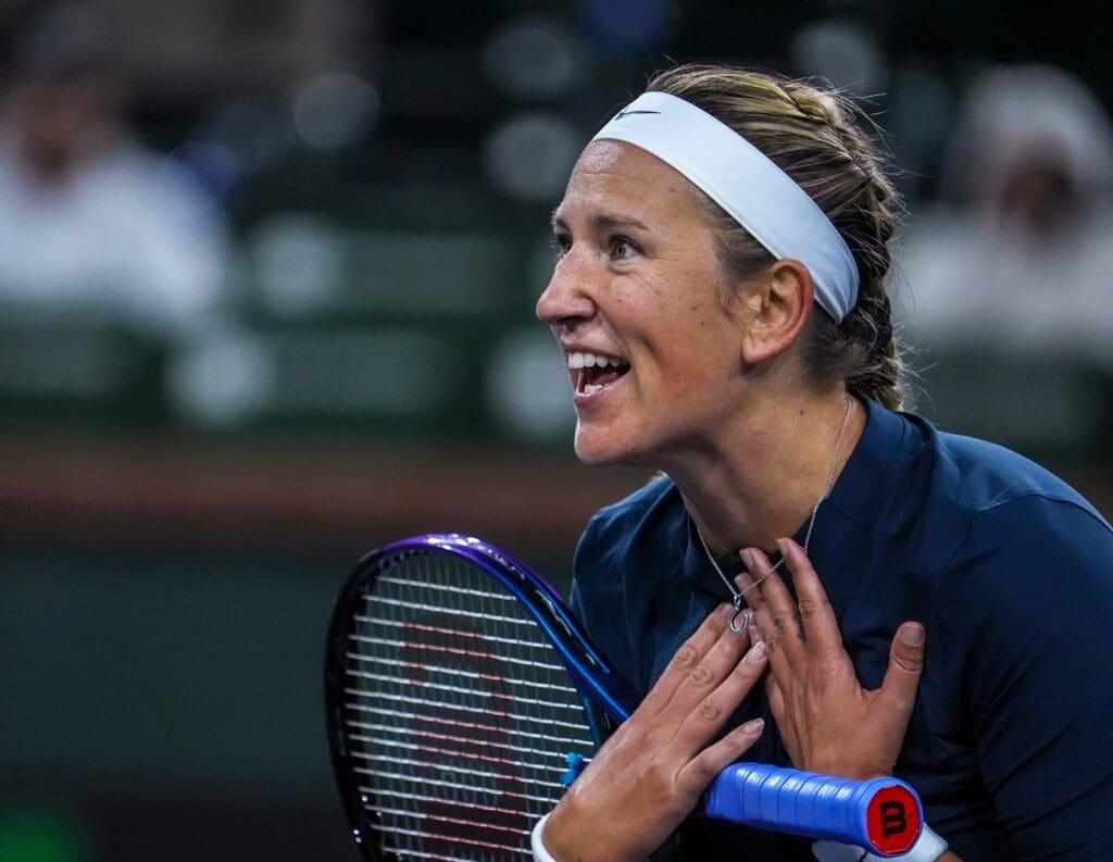 Victoria Azarenka reacts to a line call during her second-round match against Qinwen Zheng at the BNP Paribas Open in Indian Wells, Calif., Friday, March 7, 2025.