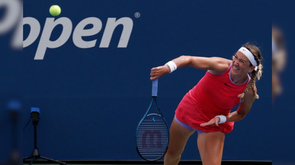 Aug 30, 2024; Flushing, NY, USA; Victoria Azarenka serves against Yafan Wang (CHN) (not pictured) in a women's singles match on day five of the 2024 U.S. Open tennis tournament at Billie Jean King USTA National Tennis Center.