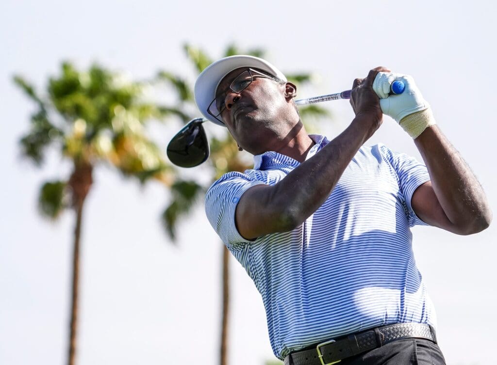 Vijay Singh tees off on one during the first round of The Galleri Classic at Mission Hills Country Club in Rancho Mirage, Calif., Friday, March 28, 2025.