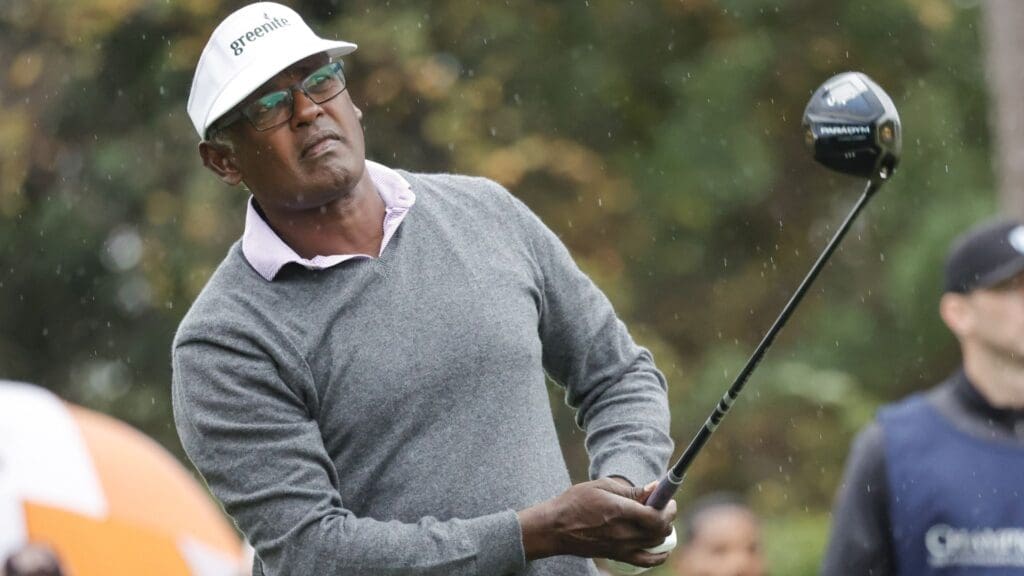 Dec 16, 2023; Orlando, Florida, USA; Vijay Singh hits his drive on the sixth tee box during the PNC Championship at The Ritz-Carlton Golf Club.