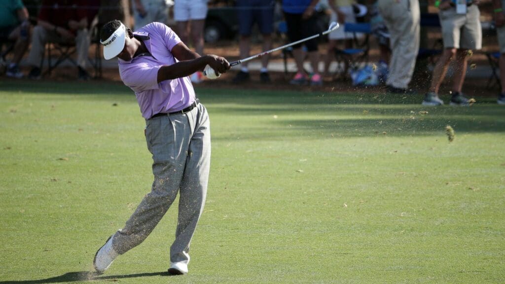 May 12, 2017; Ponte Vedra Beach, FL, USA; Vijay Singh hits from the fairway on the 15th hole during the second round of The Players Championship golf tournament at TPC Sawgrass - Stadium Course