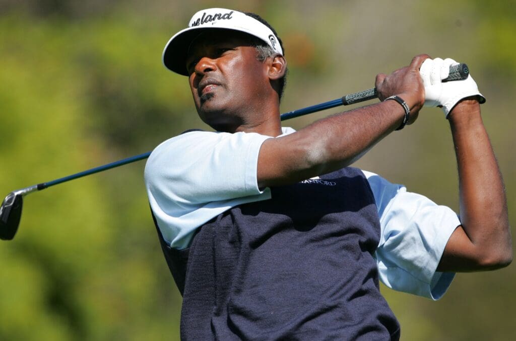 February 16, 2008: Pacific Palisades, CA, USA; Vijay Singh (FJI) tees off from the fourth hole tee box during the third round at the Northern Trust Open at the Riviera Country Club.